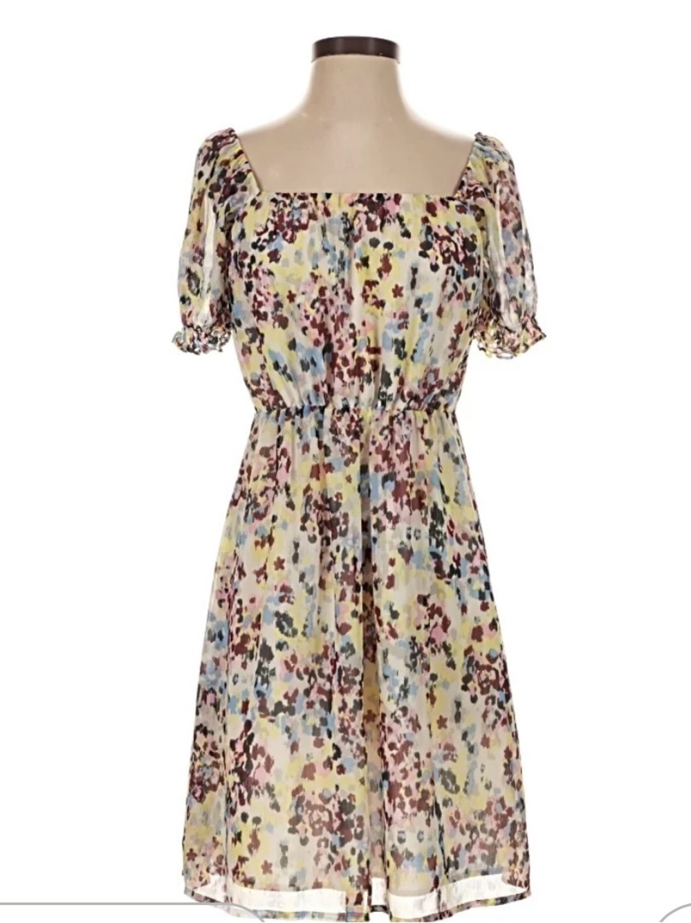 Banana Republic Floral Puff-Sleeve Midi Dress in Cream, Blue, Pink